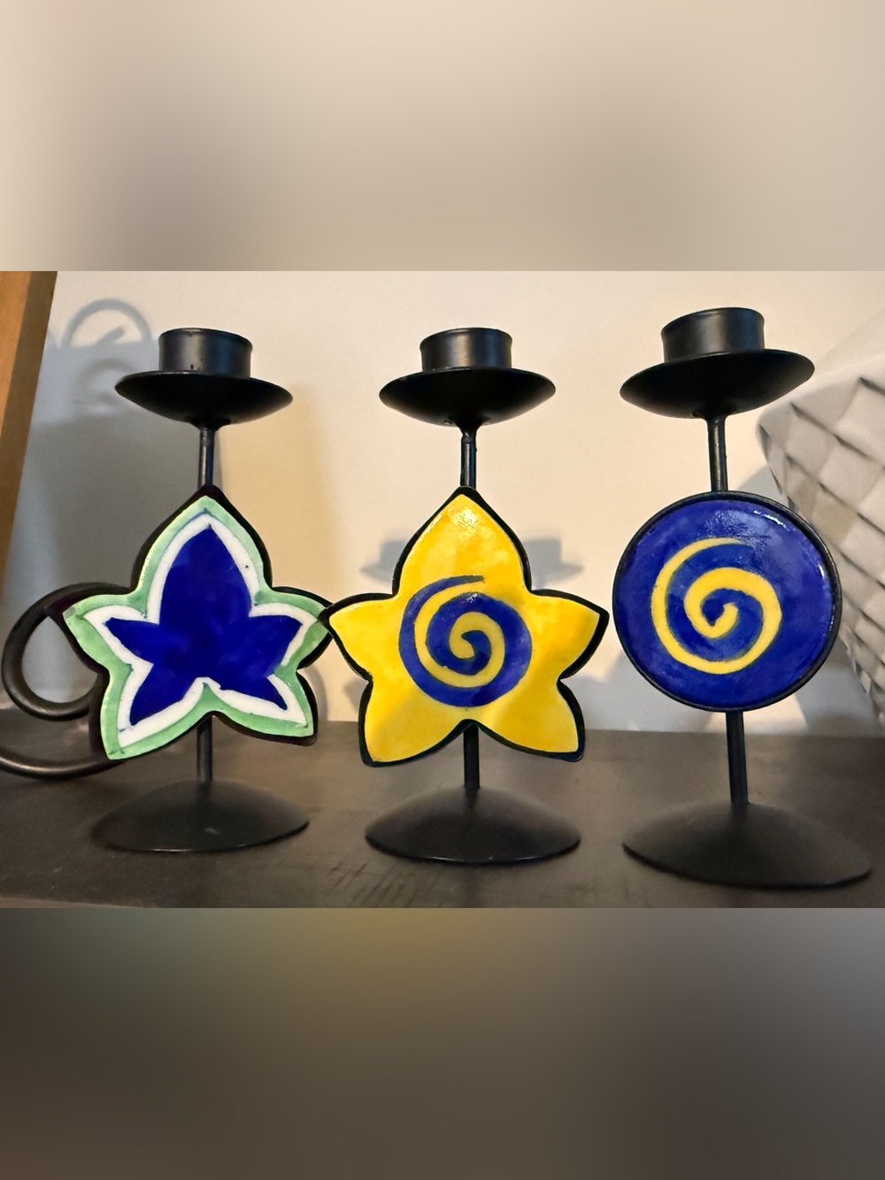 Vintage 90s Celestial Ceramic & Metal Candle Holder Trio Whimsigoth Star Spiral